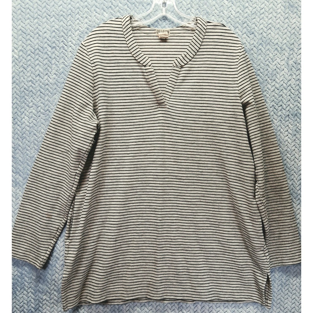 Duluth Trading Co Womens XL Gray Black Striped Notch Neck Long Sleeve Tunic Top